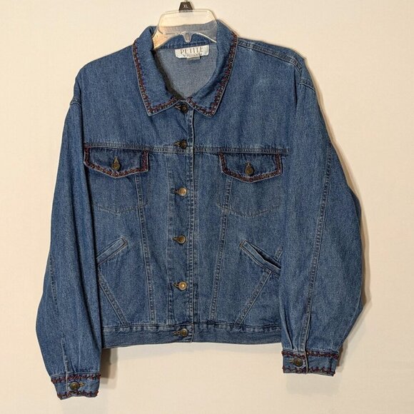 Petite Sophisticate Jackets & Blazers - PETITE SOPHISTICATE Short, Blue Denim Jean Jacket w Red Bead Accents; Size PL